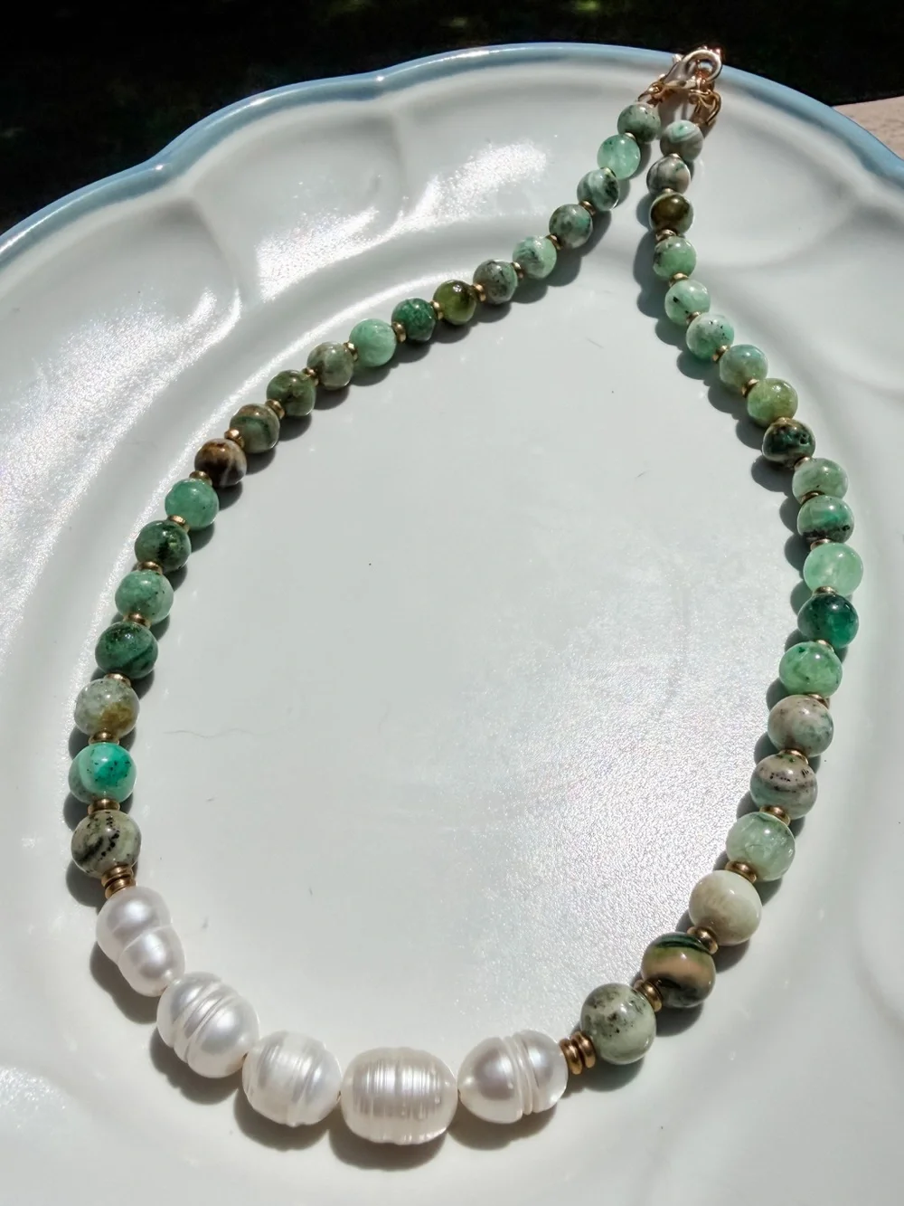 N3 Handcrafted Green Natural Stone and Freshwater Pearl Beaded Necklace